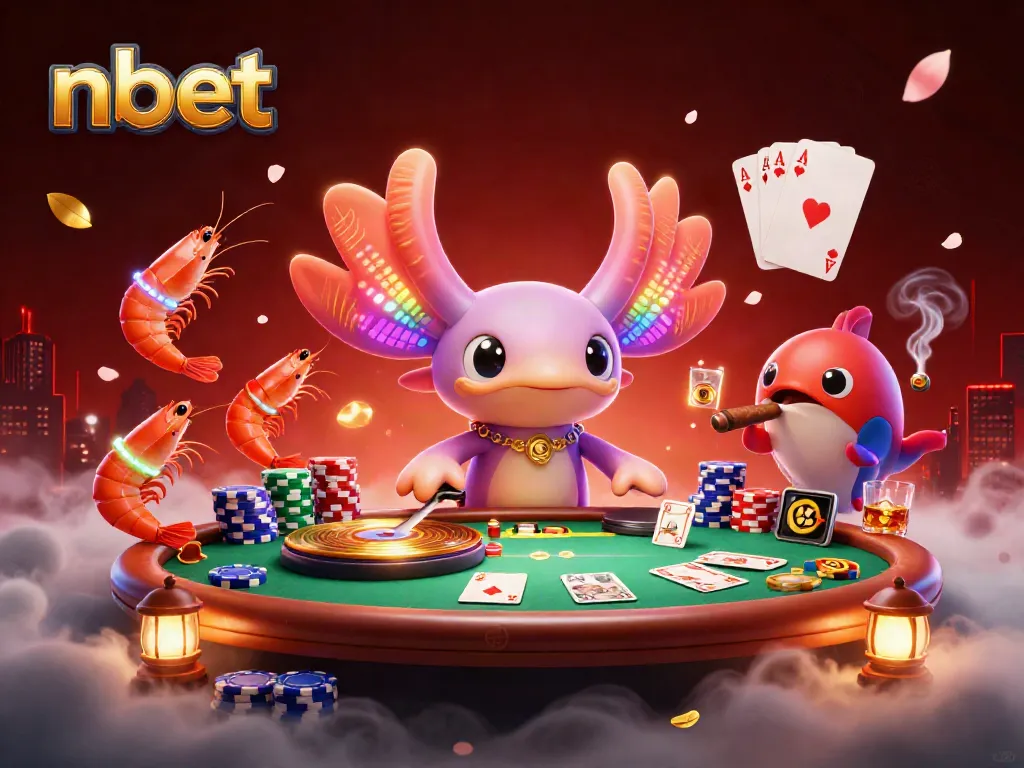 Nbet casino featuring vibrant axolotl DJ, poker table, and dancing shrimp in a dynamic underwater scene.