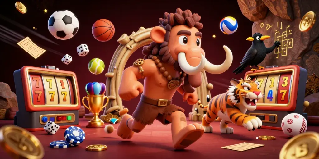 Luck8 casino scene with a caveman and a sabertooth tiger depicted alongside vibrant slot elements.
