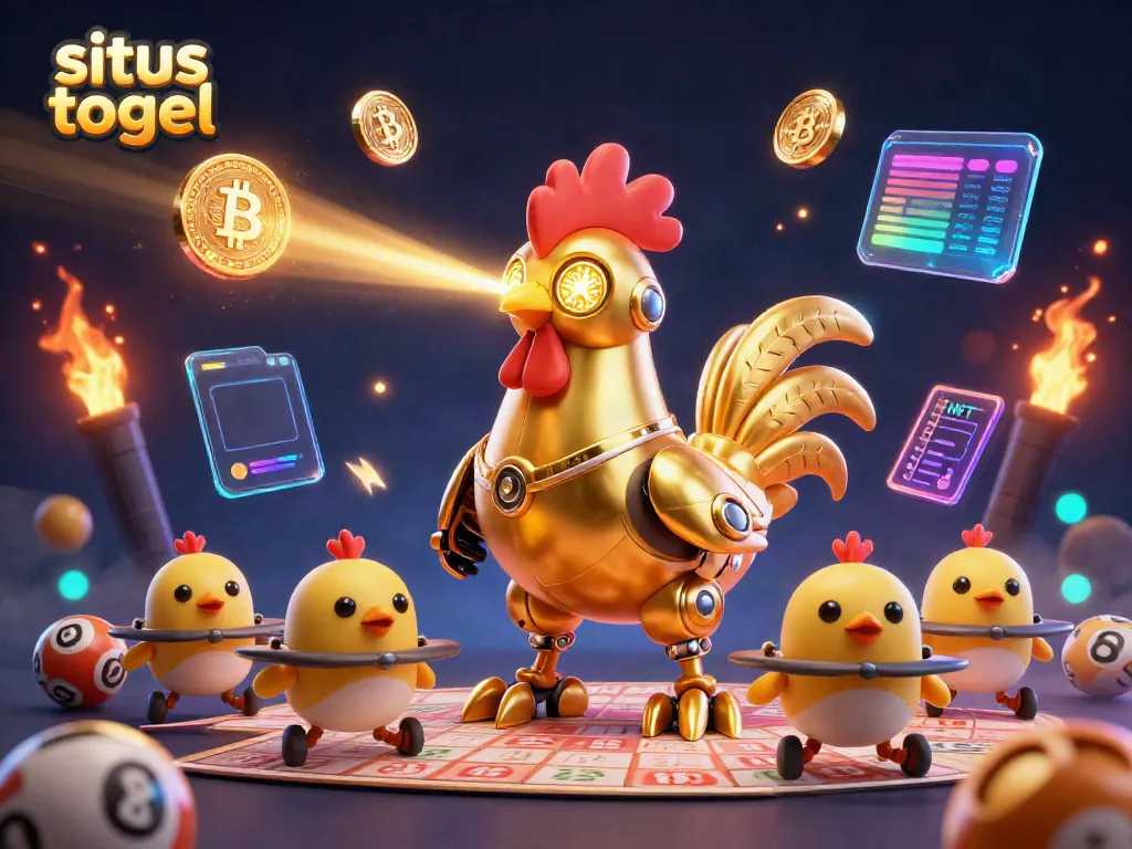 Engage with situs togel through an imaginative lottery-themed 3D scene featuring a golden rooster robot.