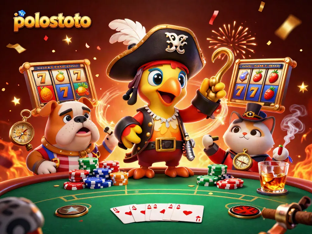 Experience the excitement of polostoto with cartoon characters at a vibrant casino scene filled with slot reels.