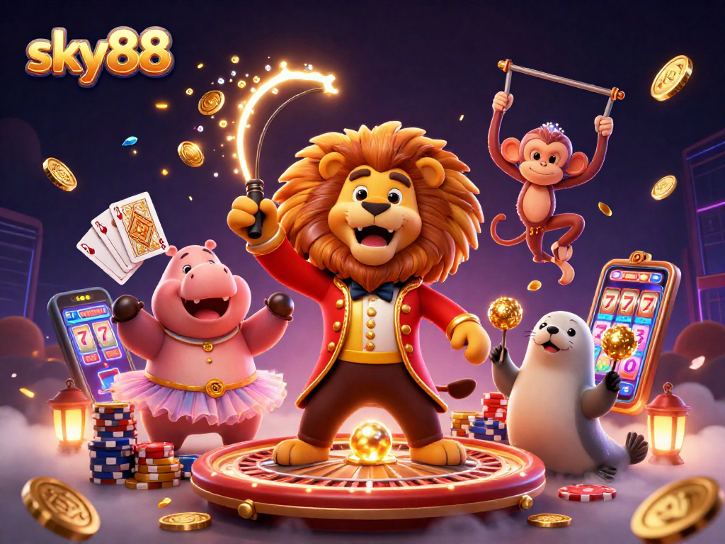 Engage with the excitement of sky88 while spinning on a vibrant casino wheel with lively characters.