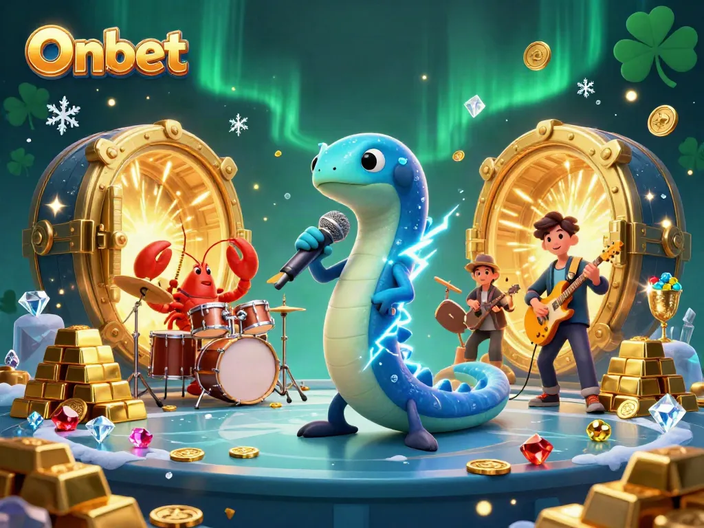 Experience the vibrant undersea casino scene with Onbet's electric eel DJ and rich treasure display.