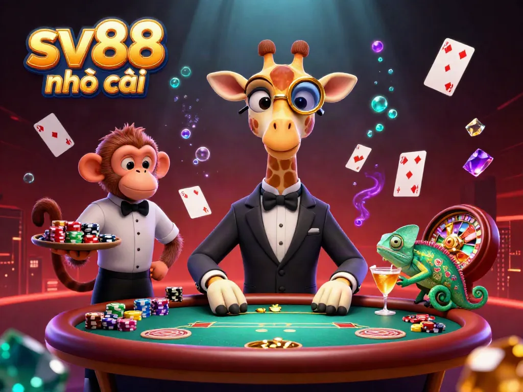 Win big at sv88 nhà cái with fun characters at a vibrant gambling table filled with treasures