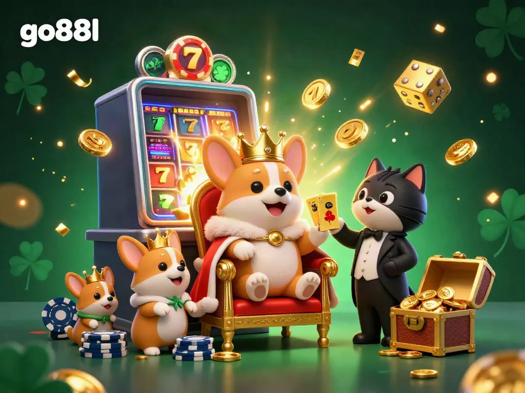 Experience thrilling jackpots at go88l with a vibrant scene of royal corgis among slot machines and coins.