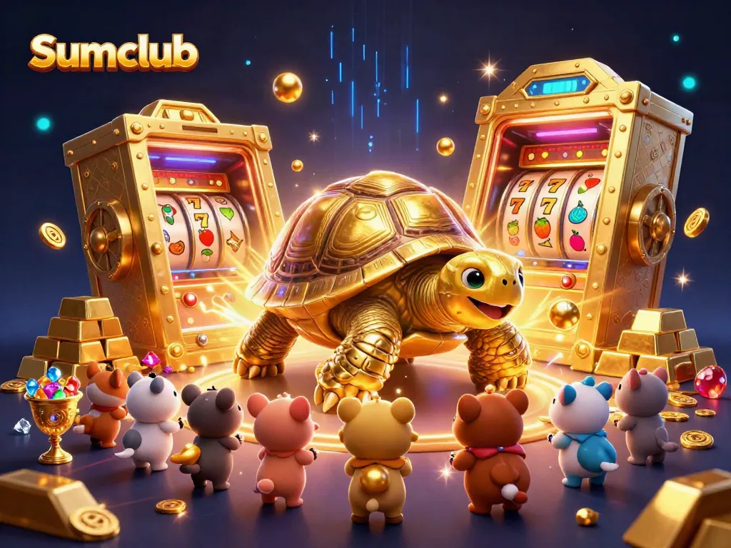 Experience the thrill of Sumclub with a vibrant 3D casino scene featuring a golden tortoise and slot elements.