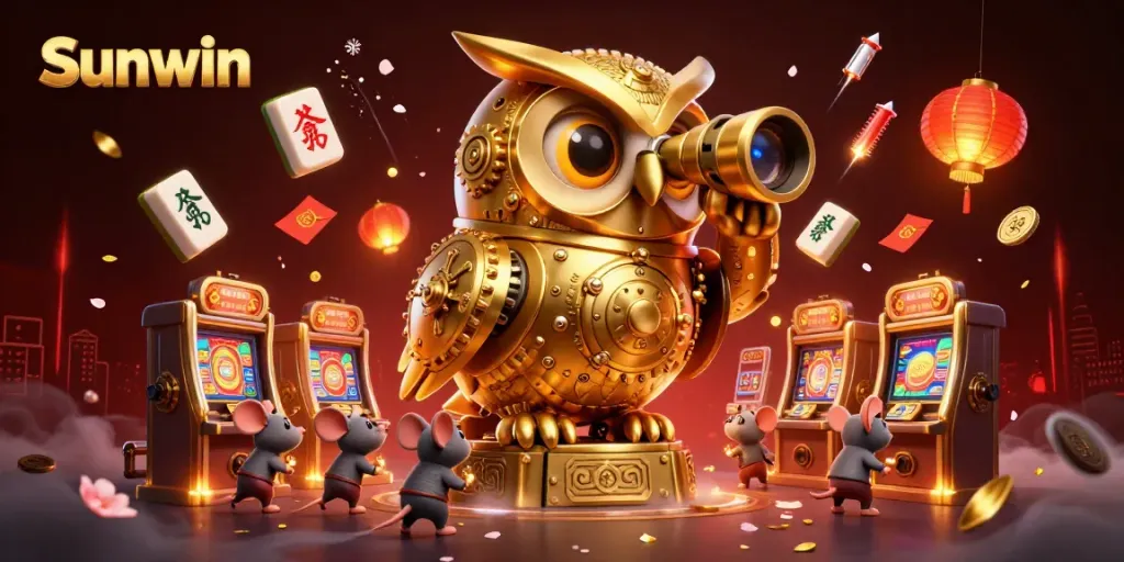 Engage with Sunwin's thrilling casino scene featuring a golden owl observing players amidst classic gaming elements.