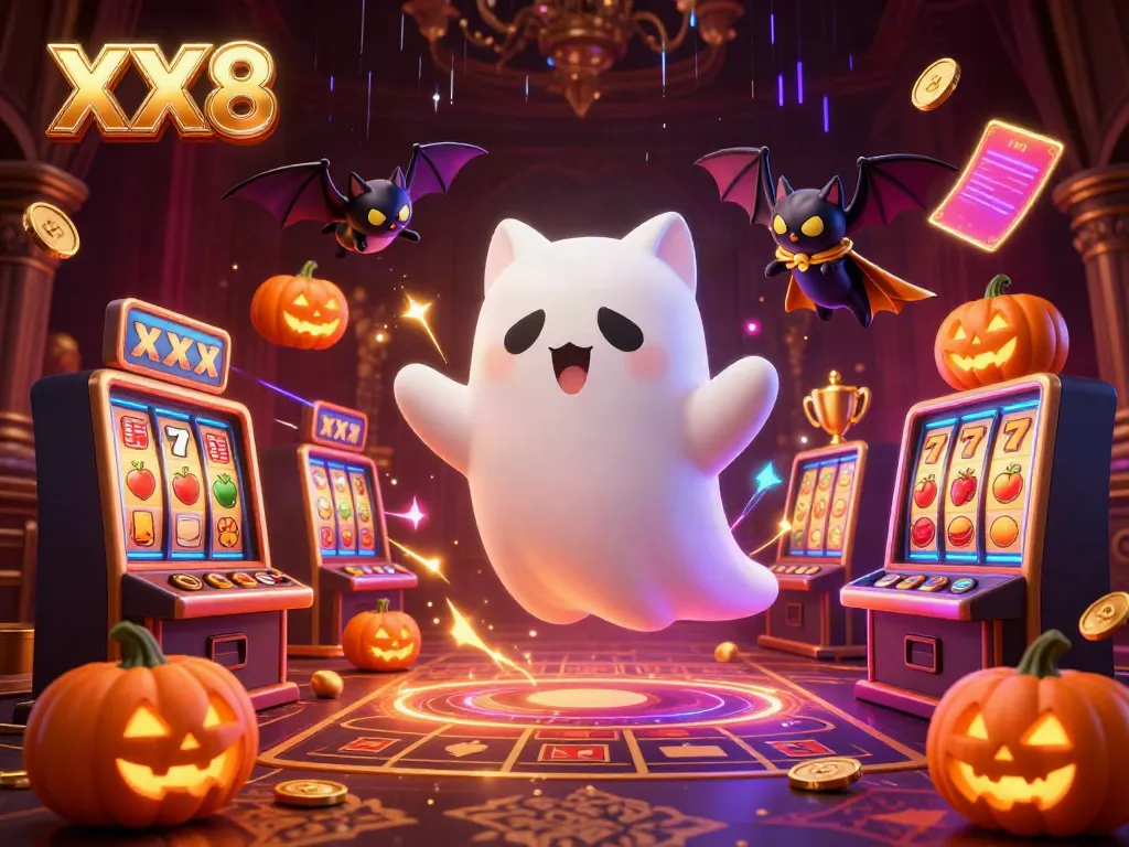 Engage with the vibrant XX8 ghostly casino scene, showcasing slot reels and magical elements.