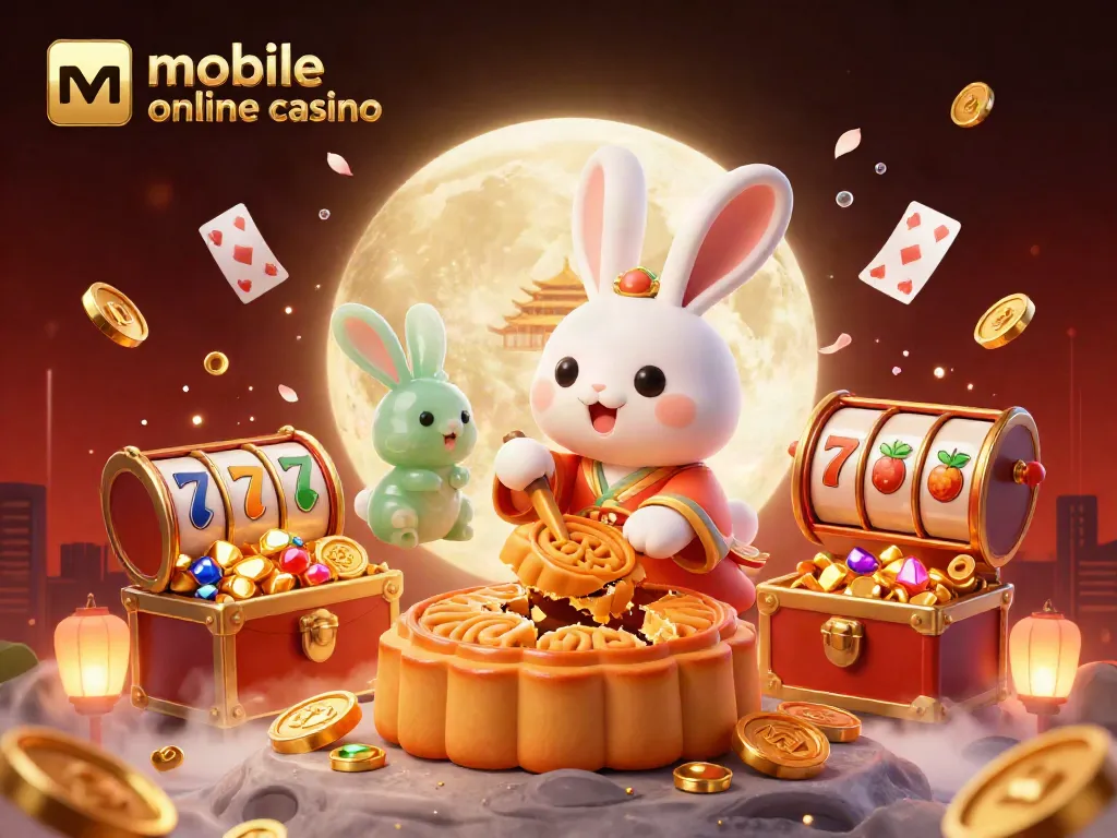 Engage with the mobile online casino experience through a vibrant 3D illustration of a moon rabbit character.