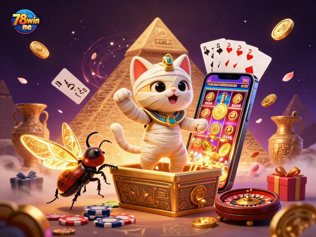 Join the excitement of 78win me with a cartoon Egyptian mummy cat and dazzling casino elements.