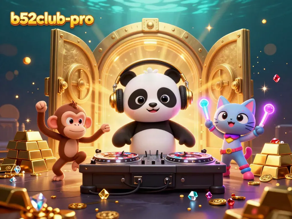 Experience vibrant moments at b52club-pro with DJ panda, dancing monkey, and glow-stick kitten.
