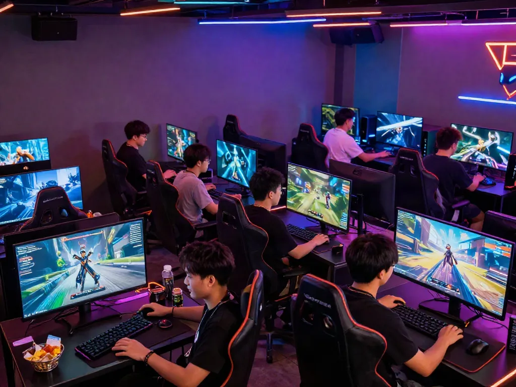 Enthusiasts engaging with GARUDA404 gaming platform in a vibrant digital lounge.