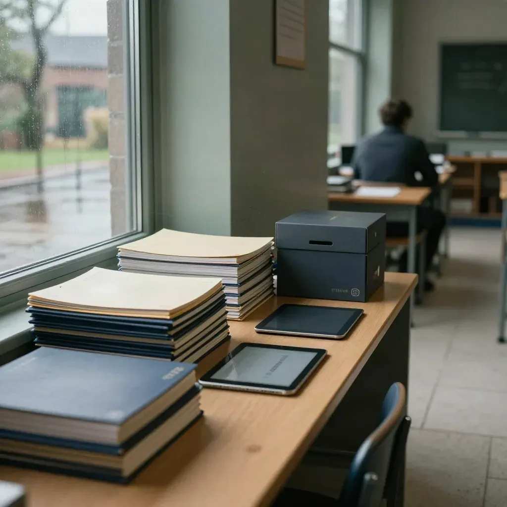Szkolna pracownia z granatowymi teczkami, notatnikami i tabletem w miękkim świetle po deszczu