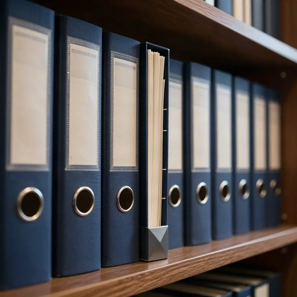 Granatowe segregatory, przekładki i ciężarek na półce bibliotecznej w dramatycznym świetle.