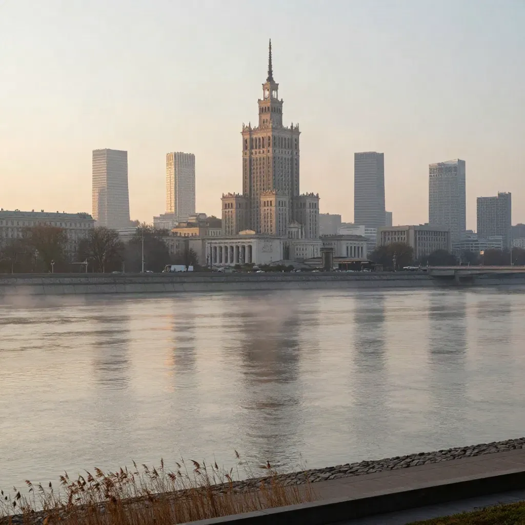 Warszawa o świcie, Pałac Kultury nad mgłą Wisły i spokojnym brzegiem