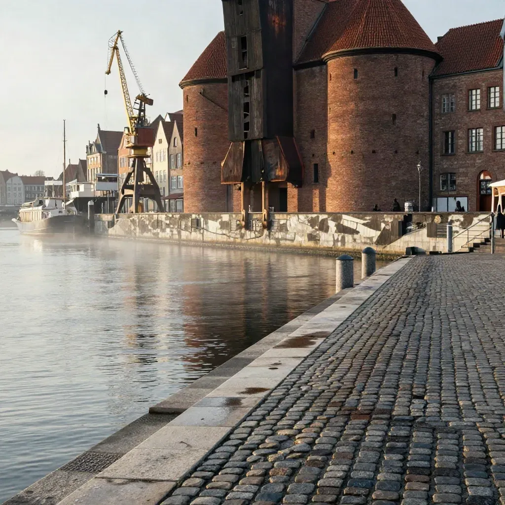 Stare dźwigi portowe w Gdańsku nad mokrym nabrzeżem i spokojną wodą we mgle.
