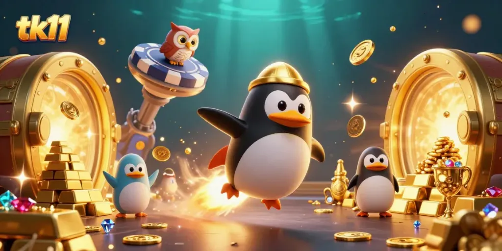Experience thrilling gameplay in tk11 as a golden penguin races towards a casino jackpot.