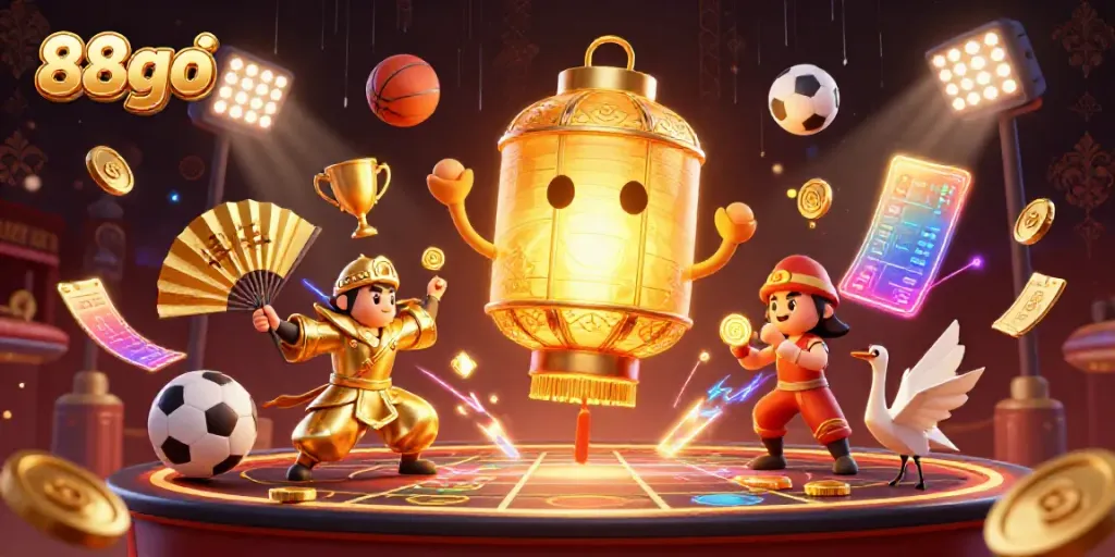 Bet on exhilarating games with 88go, where a golden lantern spirit guides players through a vibrant casino.
