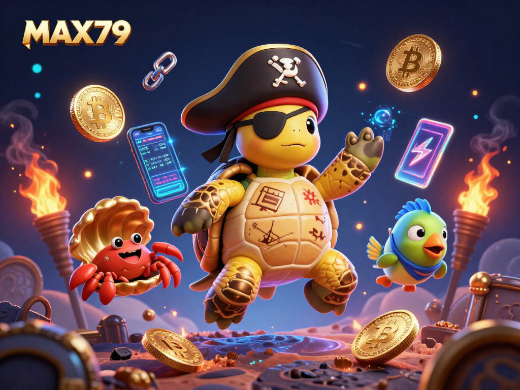 Engage with MAX79's thrilling gaming experience as a vibrant pirate turtle unearths treasures in an ocean of opportunities.