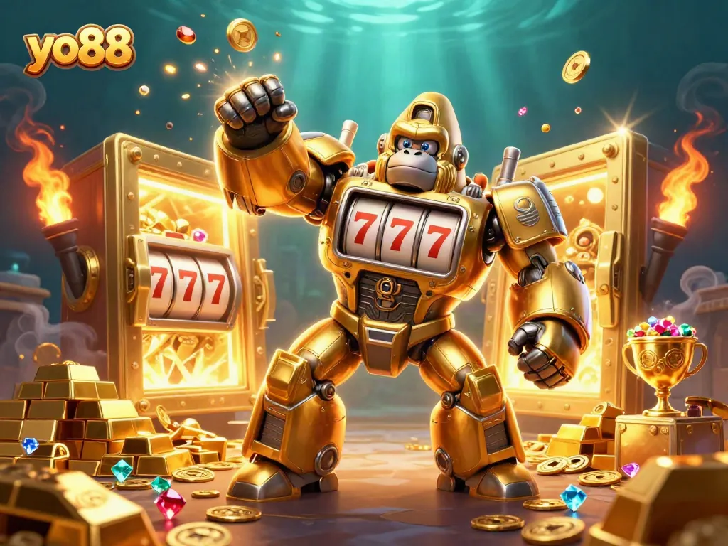Experience thrilling wins with yo88's golden gorilla mech amidst treasures and slot machines.