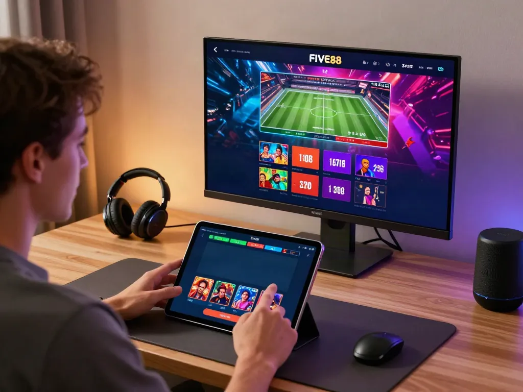 Excited user interacting with the FIVE88 online betting platform at home, showcasing dynamic game graphics.