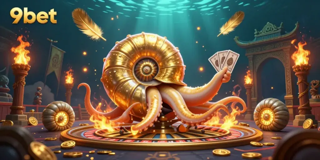 Experience the vibrant world of 9bet with a giant nautilus as a roulette wheel amidst gold and excitement.