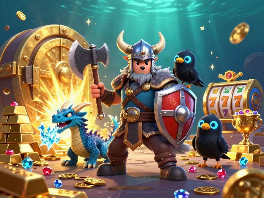 Engage with the thrilling bee999 gaming adventure featuring Viking and dragon amidst treasures.