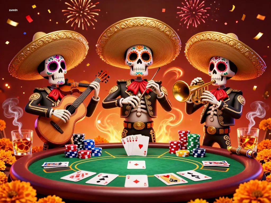 Join the vibrant sunwin mariachi skeleton band in a lively poker celebration at the casino.
