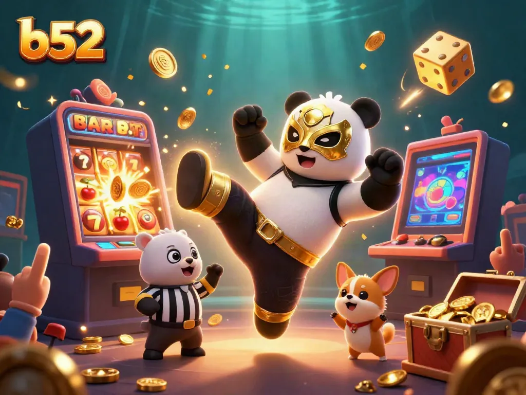 Experience the excitement of b52 casino gaming with a wrestler panda, chihuahua referee, and thrilling slot machines.