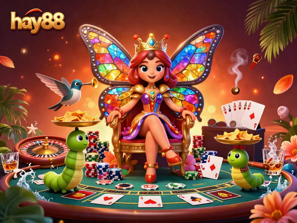 Experience live casino excitement with hay88's vibrant butterfly queen and poker elements.