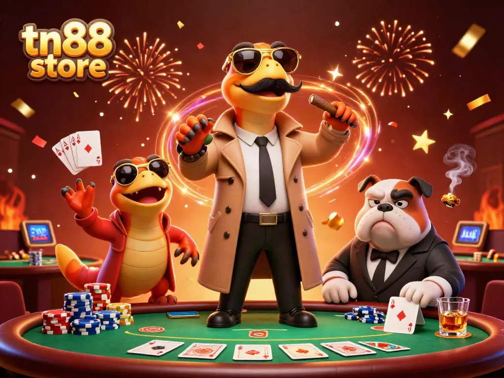 Engaging scene at tn88 store showcasing playful raptors and a bulldog bouncer amidst dynamic casino elements.