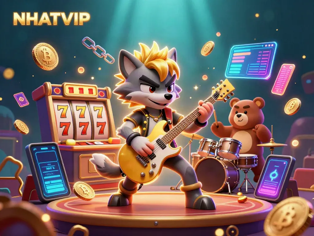 Experience the thrill of NHATVIP with vibrant characters, slot reels, and cryptocurrency elements on stage.