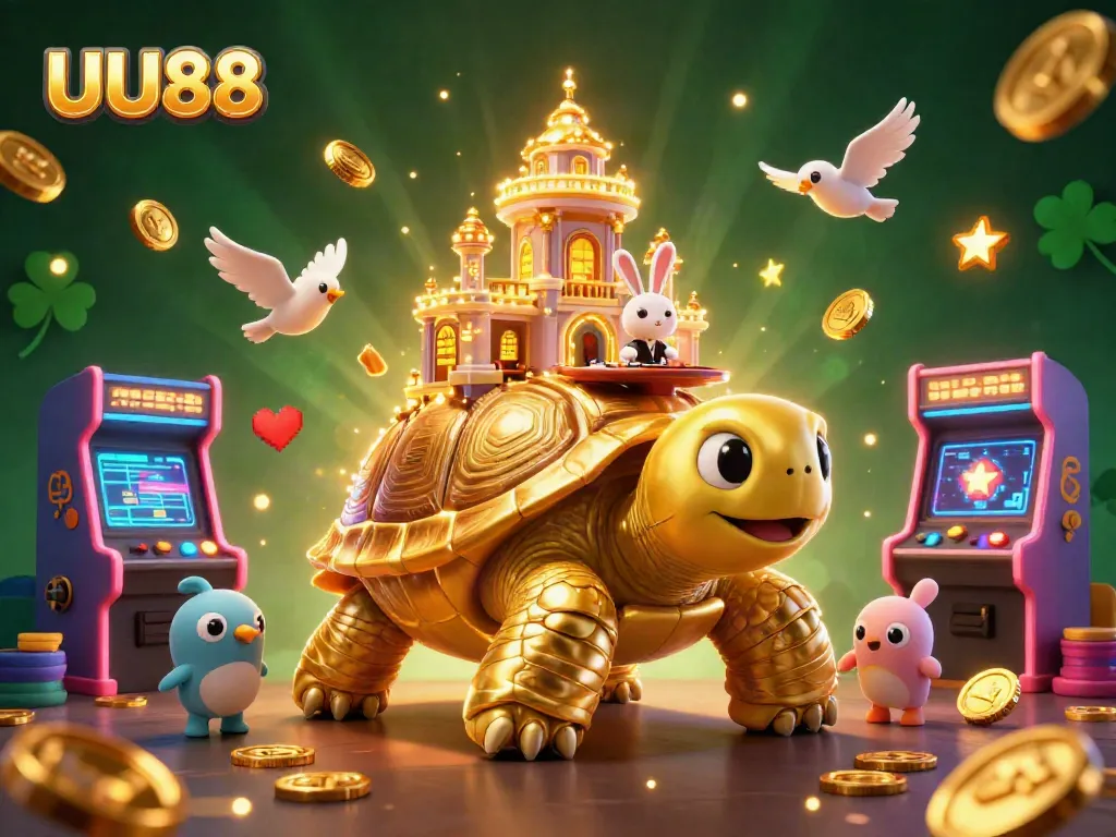 UU88 reveals a vibrant casino scene with a golden tortoise and lively game elements