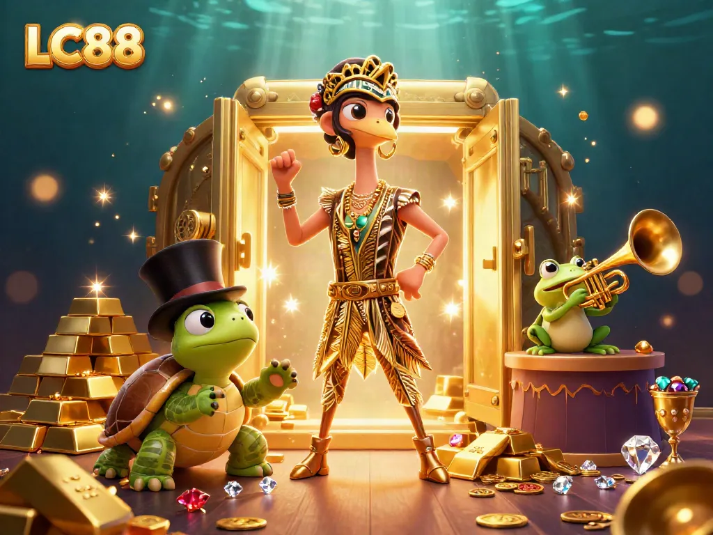 LC88 casino illustration featuring an art deco crane and a turtle in a vintage setting, with treasures around them.