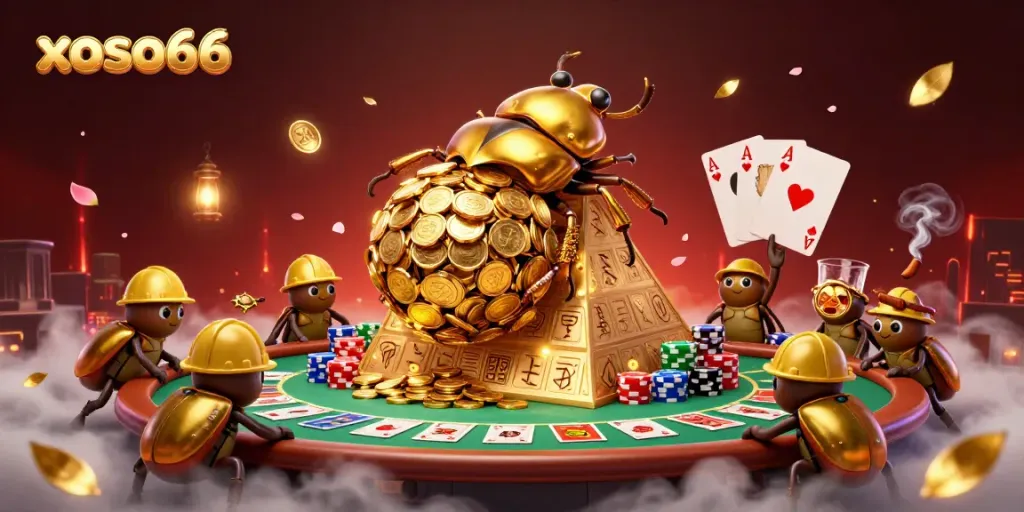 Experience thrilling action with xoso66, featuring cartoon beetles and casino symbols.