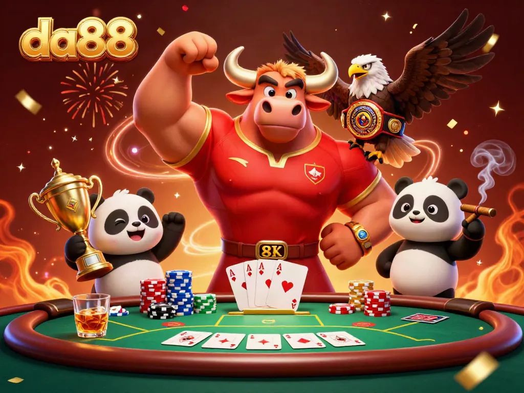 Celebrate victory at da88 with vibrant casino elements and colorful characters in a dynamic scene.