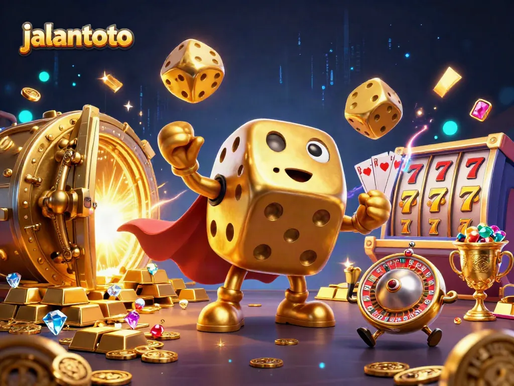 Experience excitement with jalantoto's vibrant 3D illustration featuring golden dice and dynamic casino elements.