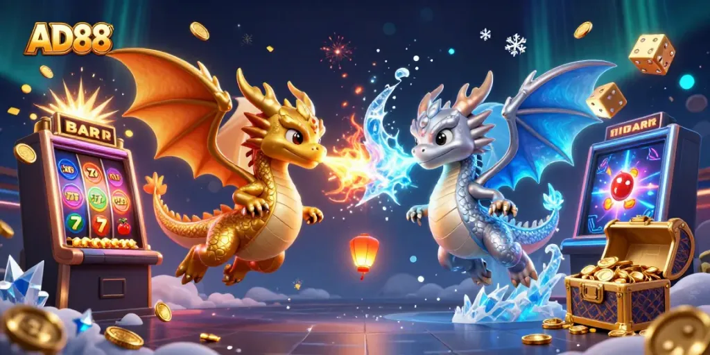 Experience epic gameplay with AD88's thrilling slot machine and dragon duel in a vibrant casino illustration.
