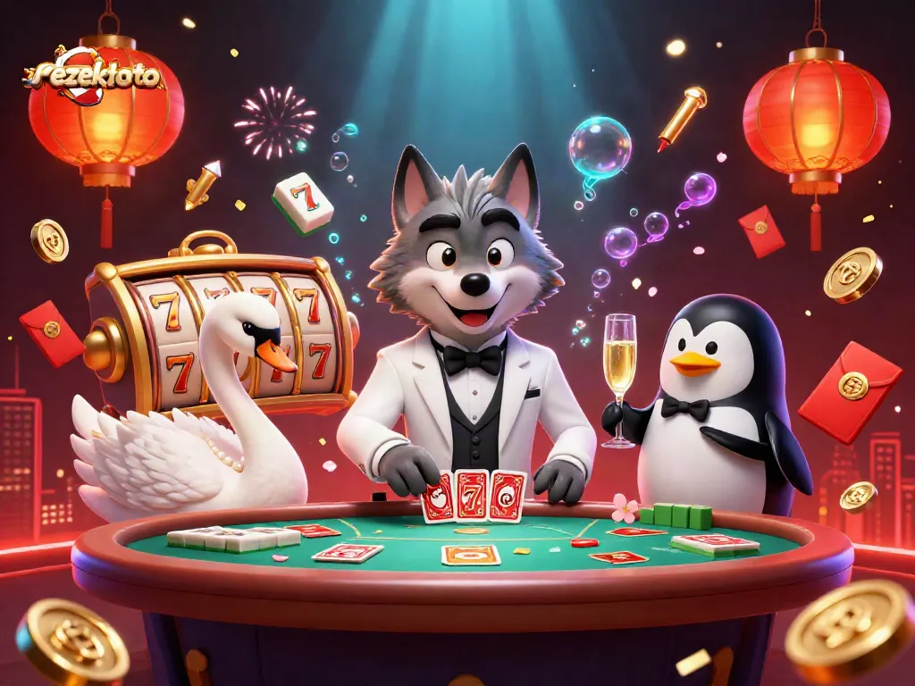 Engage with rezekitoto in this vibrant 3D casino illustration featuring card games and lucky elements.
