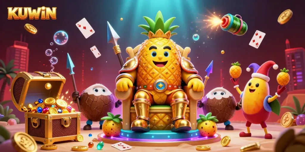 KUWIN rewards players with a thrilling slot experience featuring the golden pineapple king and dynamic casino elements.