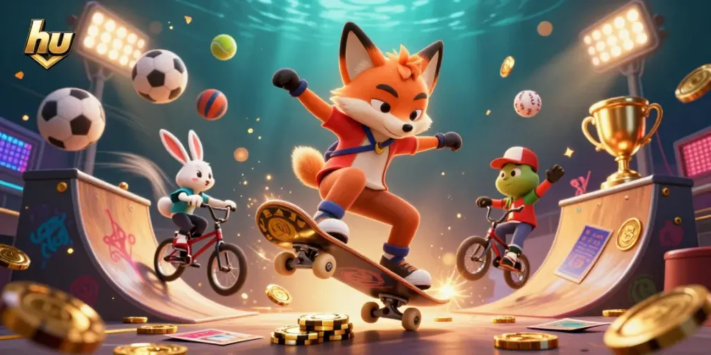 Play and win at hu with vibrant cartoon characters in a dynamic casino scene.