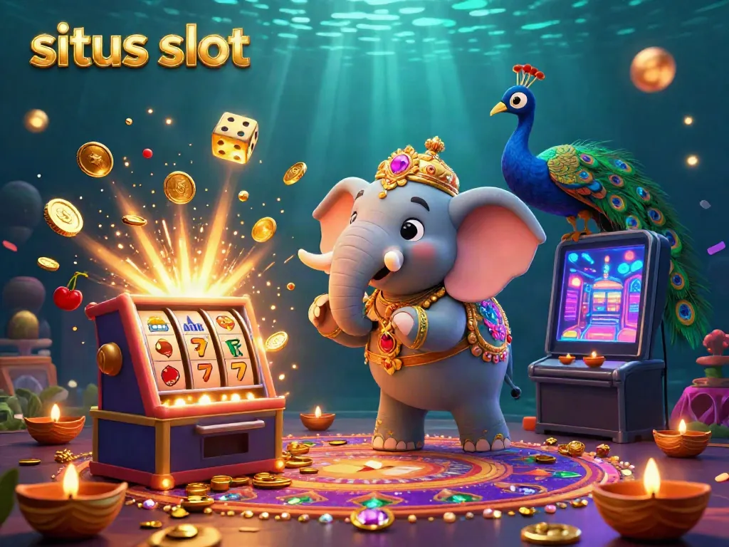 Situs slot scene featuring a festive Diwali-themed elephant, peacock, and vibrant casino elements with a jackpot explosion.