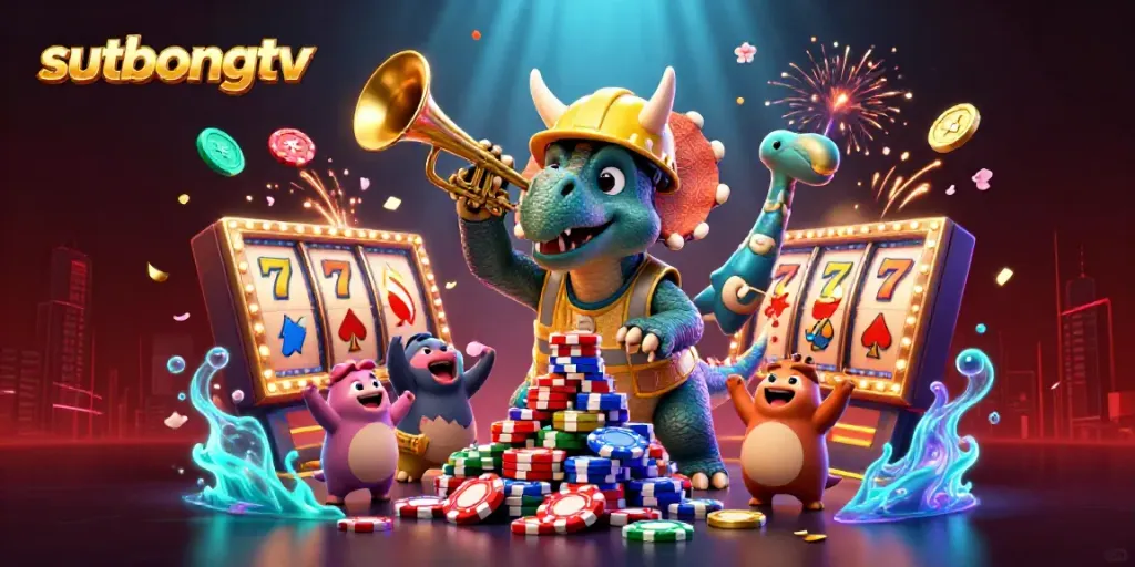 Sutbongtv celebrates with a triceratops building poker chips, lucky symbols, and vibrant cash in a rich casino scene.