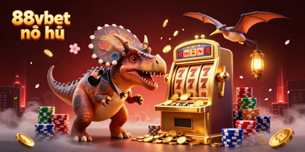 88vbet nổ hũ showcases a dinosaur hitting a golden slot machine, winning coins in a lively casino setting.