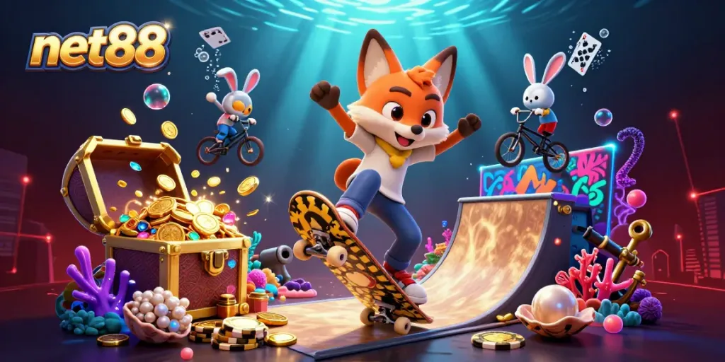 Experience thrilling gameplay at net88 with vibrant caricatures engaging in dynamic casino-inspired tricks.