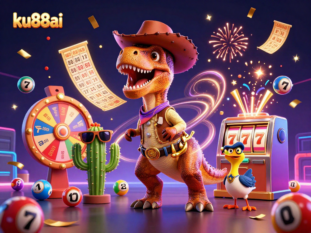 ku88ai lottery scene featuring cartoon dinosaur, cactus, and roadrunner with vibrant game elements.