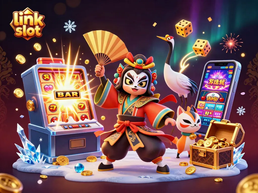 Experience the thrill of link slot games with colorful symbols and dynamic characters in this vibrant casino illustration.