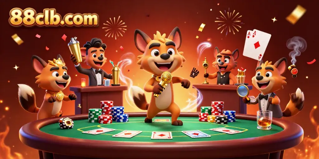 Experience excitement at 88clb-com with animated hyenas in a vibrant casino setting full of poker action.