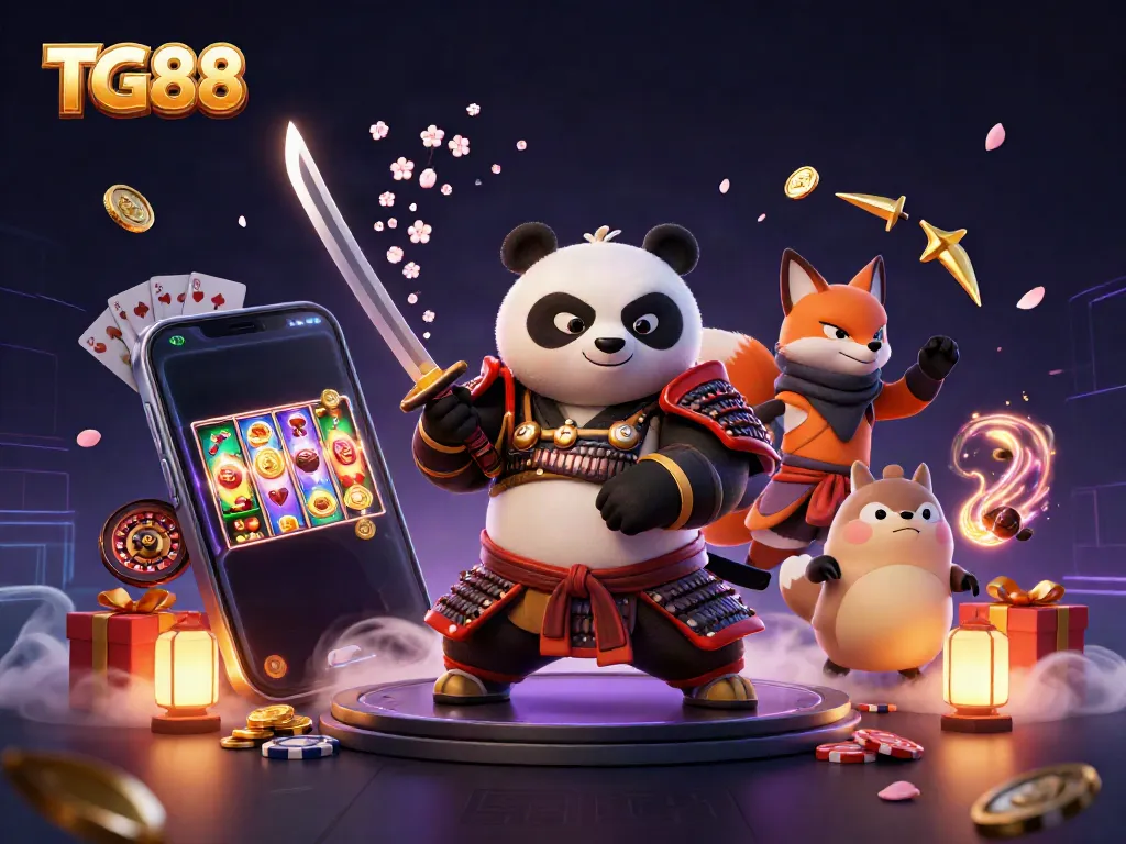 Engage with the TG88 casino experience through this dynamic 3D illustration featuring a samurai panda and ninja fox.
