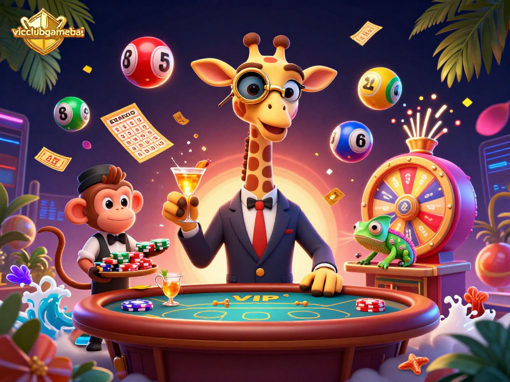Experience the thrill of vicclubgamebai with a high-roller giraffe and vibrant gambling elements.