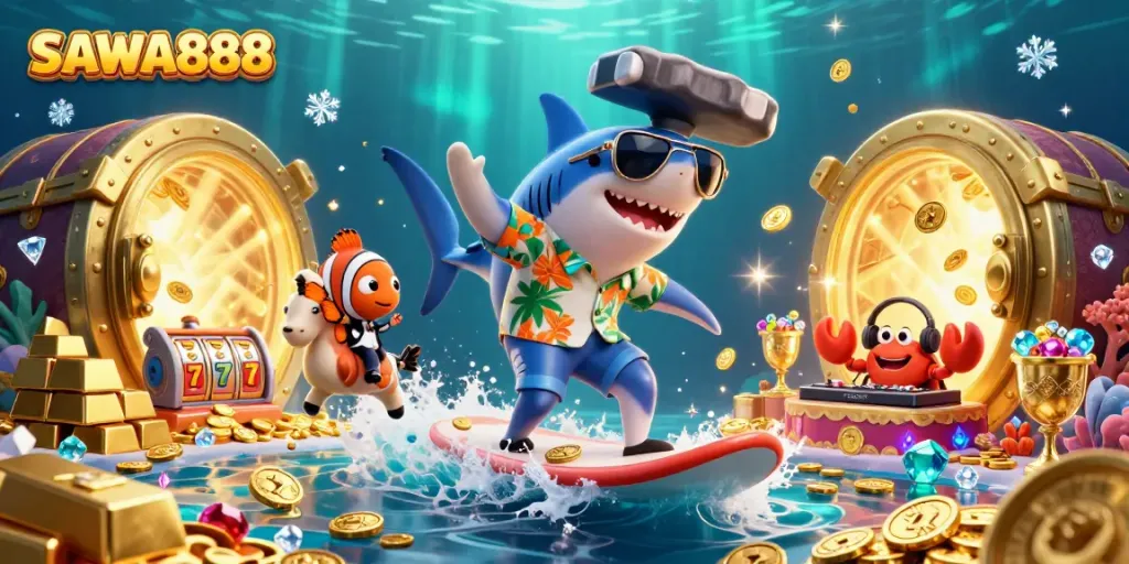 Experience SAWA888 with a lively casino scene featuring dynamic characters and vibrant gambling elements.
